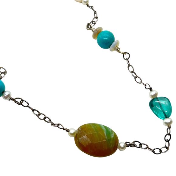 Shube Dakota West Sterling Multi Gemstone Native Necklace Station 925 Retro VTG - Picture 3 of 16